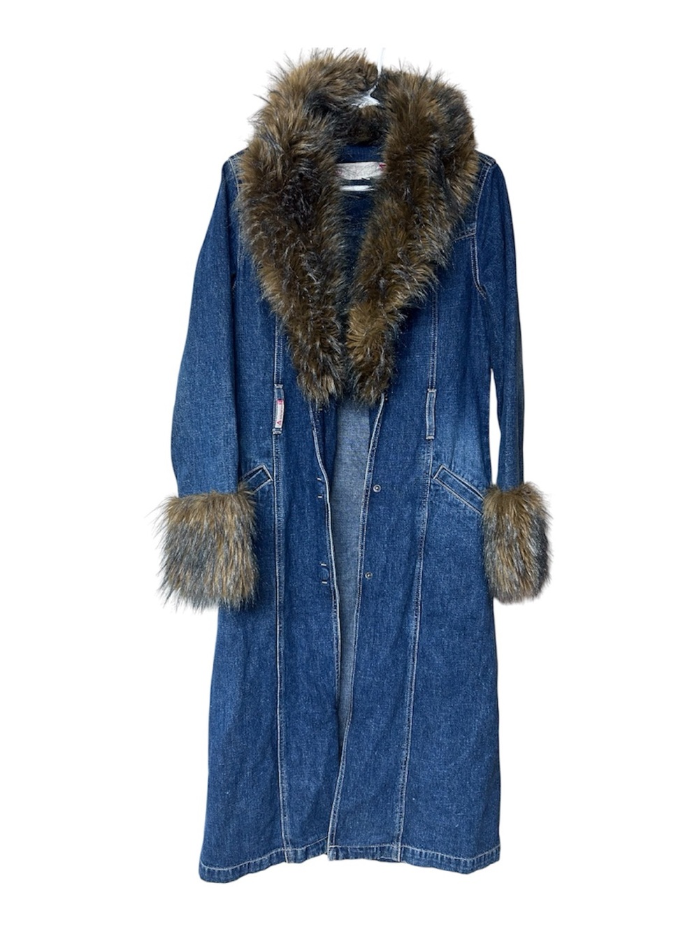 Vintage Y2K Denim Trench Coat Faux Fur Collar & Cuffs Longline Duster M